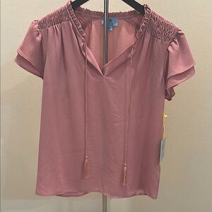 CeCe Pink Flutter Sleeve Smocked Blouse‎